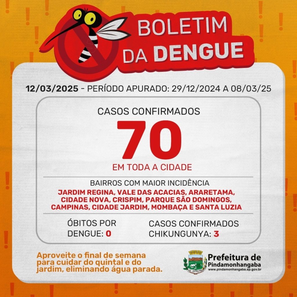 Boletim da dengue: Pinda chega a 70 casos em 2025